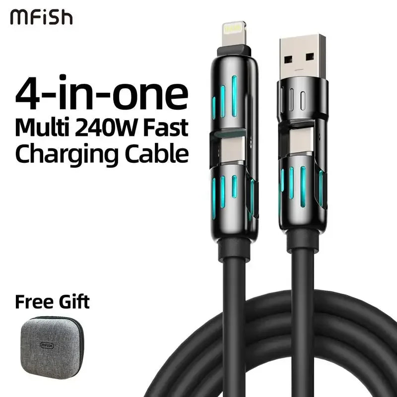 Cable Carga USB Multifunción 4 en 1 MFISH (USB/Tipo C/Lightning, Max 240W) Carga Rápida y Sincronización Datos para iPhone 15/16/iPad