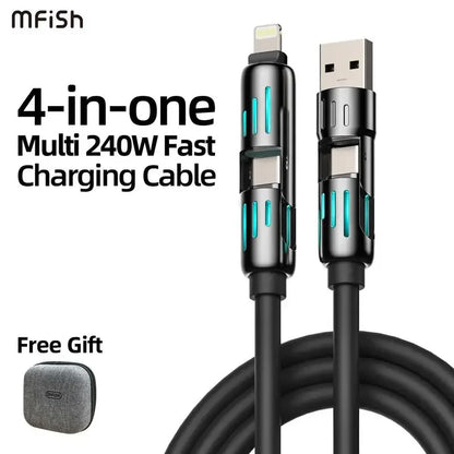 Cable Carga USB Multifunción 4 en 1 MFISH (USB/Tipo C/Lightning, Max 240W) Carga Rápida y Sincronización Datos para iPhone 15/16/iPad