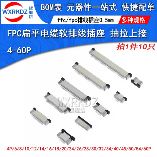 10pcs 0.5mm Pitch FPC Flat Flexible Cable FFC Connector 4P 5 6 8 9 10 12 14 16 20 22 24 30 32 34 40 45 50 60 Pin Top Contact SMT