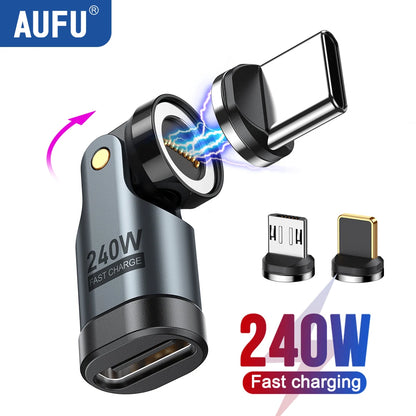 Adaptador Magnético OTG AUFU 9 Pines Tipo C Hembra a Tipo C/iOS/Micro Macho (PD 240W Carga Rápida) Convertidor para iPhone/Laptop
