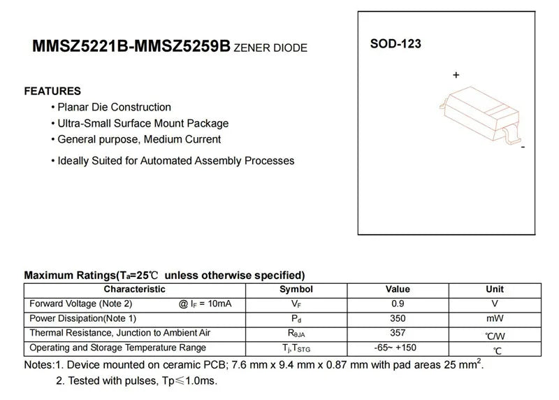 Diodo Zener SMD SOD-123 MMSZ52xxB (16V/18V/20V, 350mW) - Pack 100 Unidades
