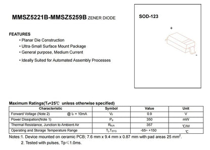 Diodo Zener SMD SOD-123 MMSZ52xxB (16V/18V/20V, 350mW) - Pack 100 Unidades