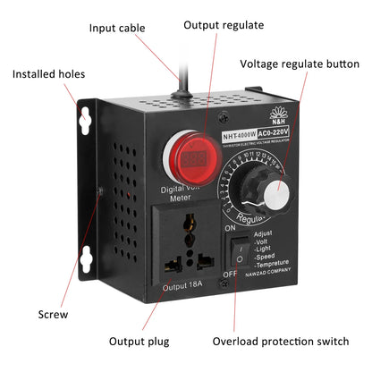 Regulador Voltaje AC 220V 4000W SCR Dimmer Ajustable Velocidad/Temperatura/Luz Compacto