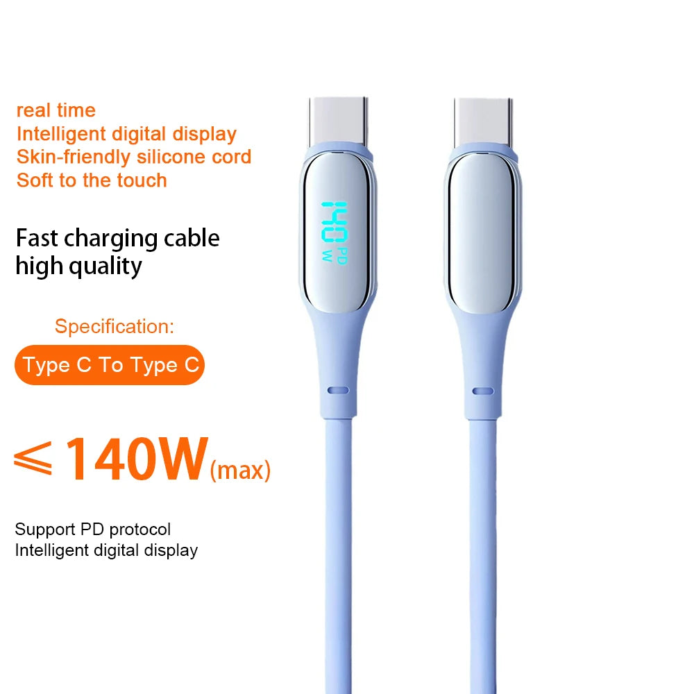 Cable Carga Rápida PD 140W USB-C a USB-C con Pantalla Digital para iPhone 15/16, Samsung S22/S23, Xiaomi, Huawei, POCO