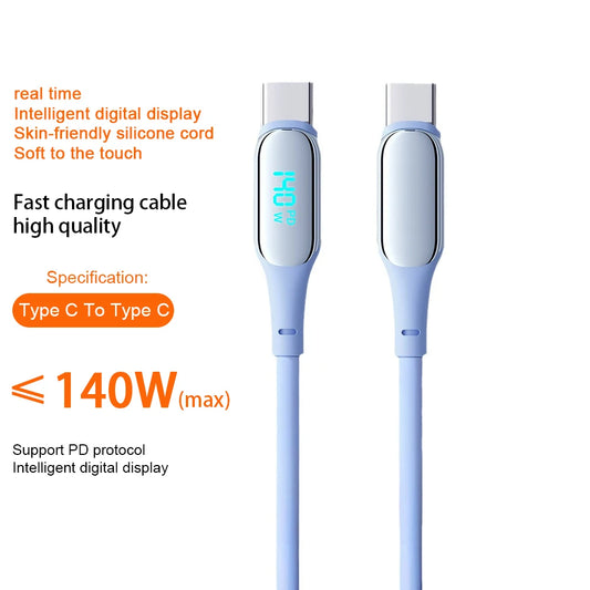 Cable Carga Rápida PD 140W USB-C a USB-C con Pantalla Digital para iPhone 15/16, Samsung S22/S23, Xiaomi, Huawei, POCO