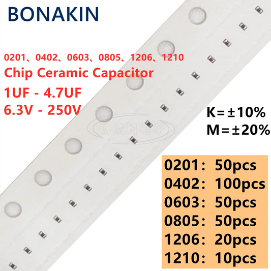Capacitor Cerámico Chip MLCC (1uF/2.2uF/4.7uF, 6.3V-250V, X7R/X5R 10%/20%, 0201-1210) - Unidad (Especificar Valor)