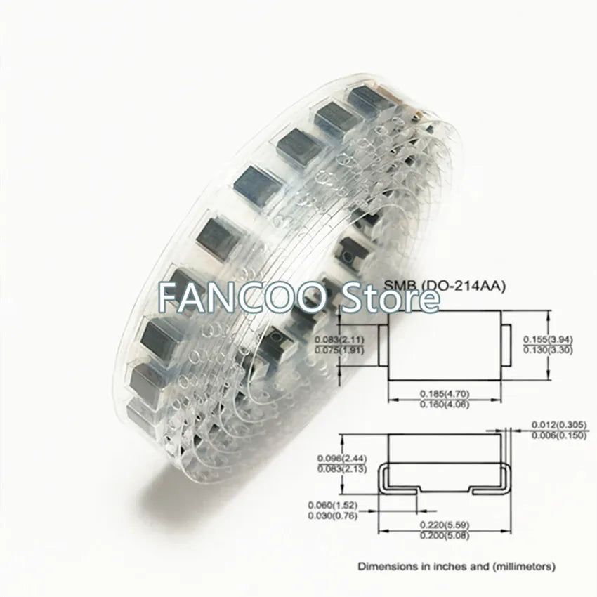 Diodo TVS SMD SMBJ - Varios Voltajes (20A/CA a 75A/CA) SMB/DO-214AA - Lote 100 Piezas