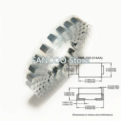 Diodo TVS SMD SMBJ - Varios Voltajes (20A/CA a 75A/CA) SMB/DO-214AA - Lote 100 Piezas
