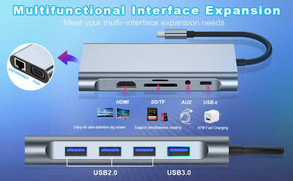 Hub Adaptador Dongle USB-C con HDMI 4K, VGA, PD, RJ45, Lector Tarjetas SD/TF para MacBook Pro/Air M1, iPad