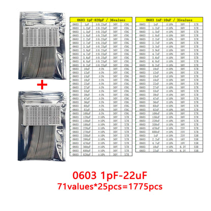 Kit Muestrario Capacitores SMD (1nF-22uF, 6 Valores x 50 Unidades, 0201-1206)