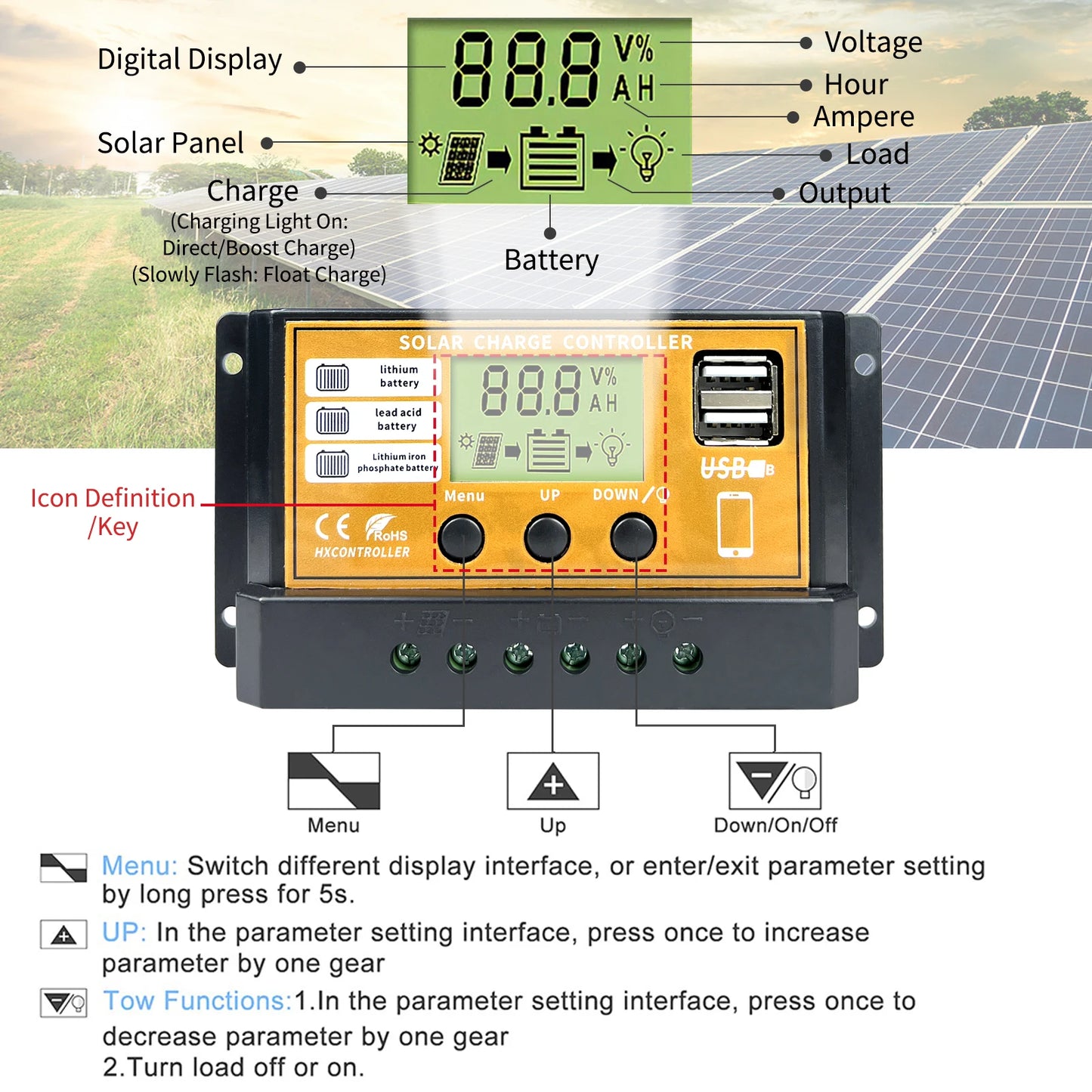 Controlador Carga Solar PWM 10A/20A/30A 12V/24V Regulador Carga PV LCD para Batería LiFePO4/Litio/Gel