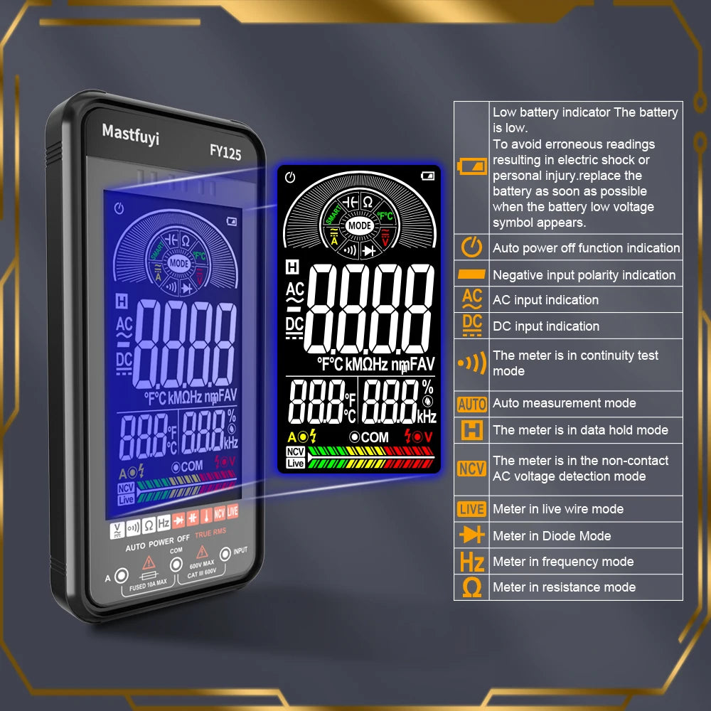 Multímetro Digital Mastfuyi FY125 Auto Rango - Tester Voltaje NCV, Diodo, Resistencia