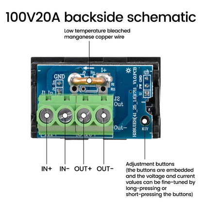 Voltímetro Amperímetro Digital DC (7-100V, 20A/50A Shunt Integrado) - Panel Display LED Dual 0.28"