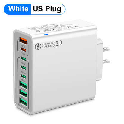 Cargador Pared USB 8 Puertos (Total 65W) Carga Rápida (PD Tipo C, QC 3.0) Adaptador para iPhone 14/15 Pro Max/Xiaomi/Samsung