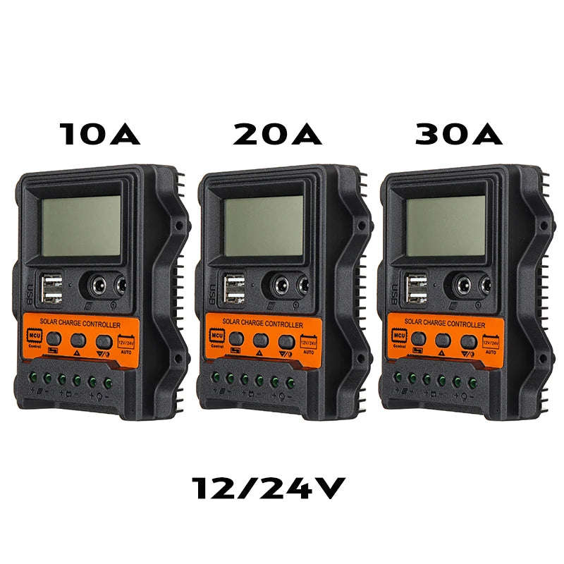 Controlador Carga Solar PWM 10A/20A/30A 12V/24V LCD Dual USB 5V Regulador Panel