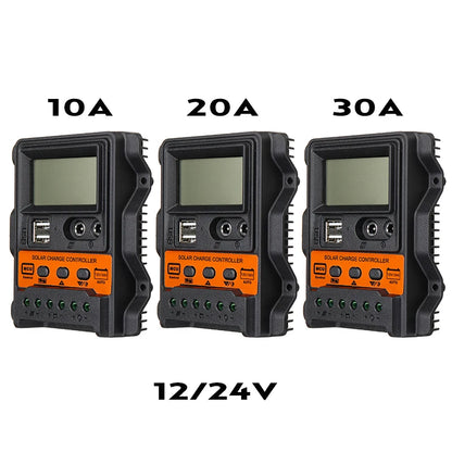 Controlador Carga Solar PWM 10A/20A/30A 12V/24V LCD Dual USB 5V Regulador Panel