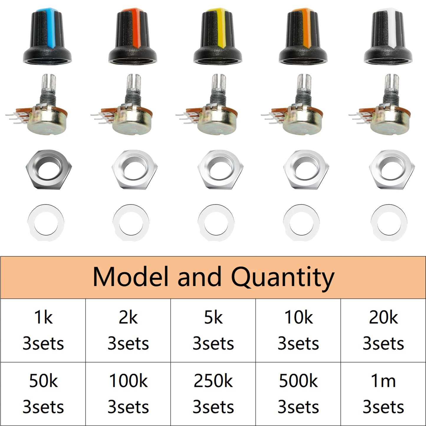 Kit Surtido Potenciómetros Variables WH148 (1K/10K/50K/500K/1M Ohm) con Tuercas y Arandelas (30 Sets)