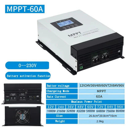 Controlador Carga Solar MPPT 30A-120A Auto 12V-96V Max PV 230V Sistema Panel Solar para LiFePO4/Litio/Plomo-Ácido/Gel