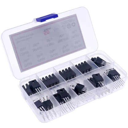 Kit Surtido Transistores/Diodos TO-220 - 10 Tipos (MOSFETs N-Ch, BJT, Schottky) en Caja (Total 50 Piezas)