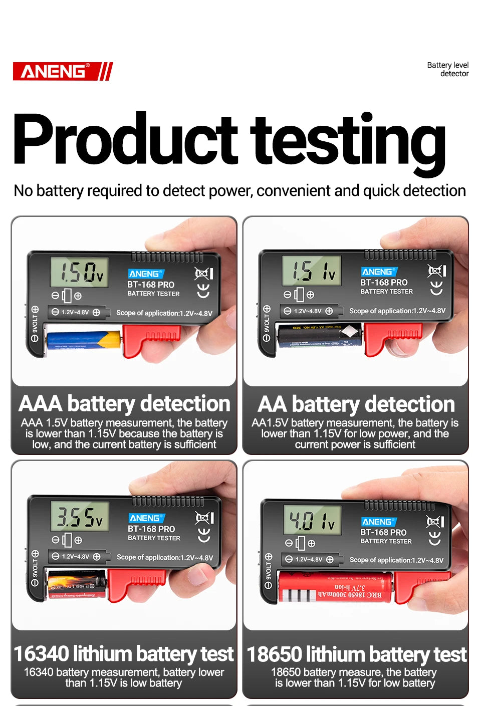 Probador Baterías Digital ANENG BT-168 PRO (Analizador Carga Capacidad) Universal para 9V/AAA/AA/Pila Botón