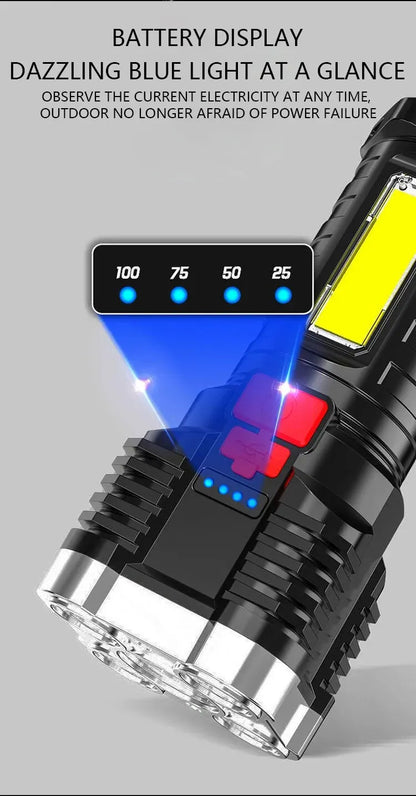 Linterna LED Alta Potencia (5 LEDs) Recargable Foco Camping con Luz Lateral (3 Modos) para Aventura Exterior