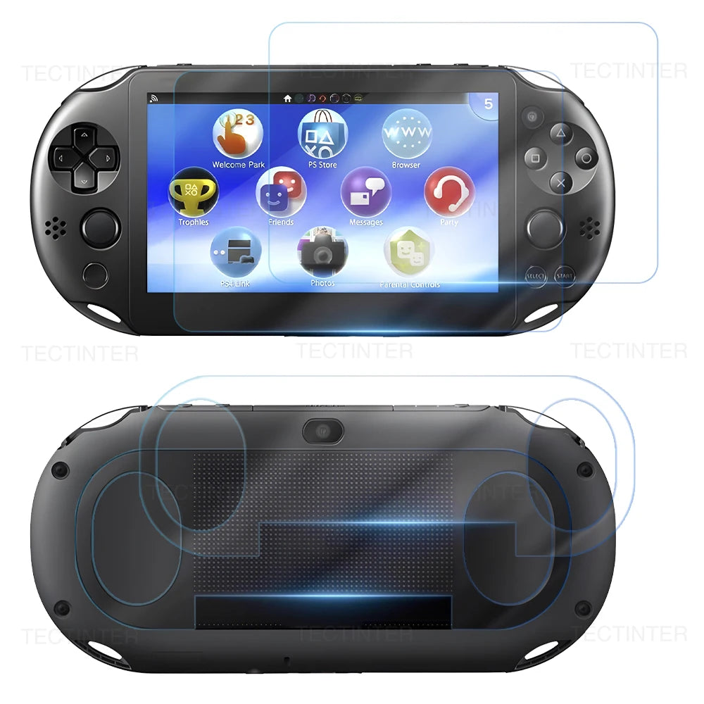 Protector Pantalla para Sony PS Vita PSV 1000 / 2000: Cristal Templado Frontal + Film Trasero Transparente HD Completo