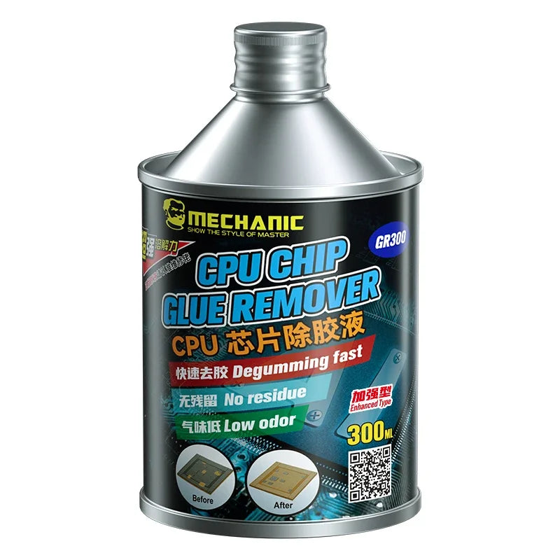 Líquido Removedor Pegamento CPU MECHANIC GR300 (300ml) con Cepillo Limpieza para IC (Inmersión 20 min) Herramienta Reparación Teléfono