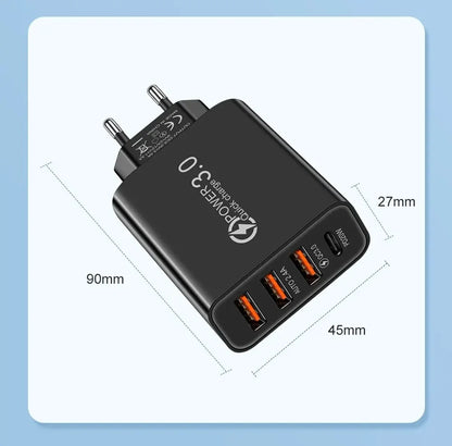Cargador Pared Múltiple 4 Puertos USB (Total 60W) Carga Rápida PD Tipo C Adaptador Móvil para Xiaomi/iPhone 14/15/Samsung S24