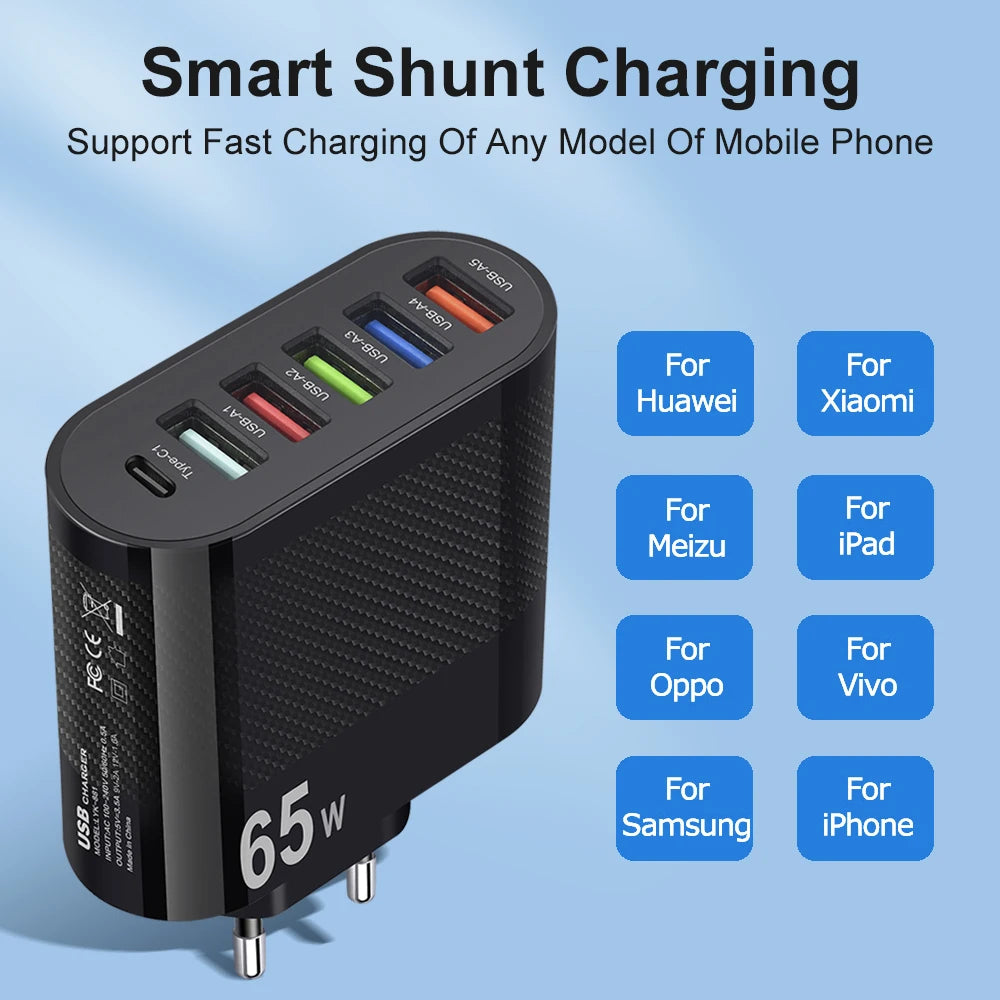 Cargador Pared USB Múltiple 6 Puertos 65W Carga Rápida Alta Velocidad (PD, QC 3.0) Adaptador Móvil para Huawei Mate 60/Xiaomi 13