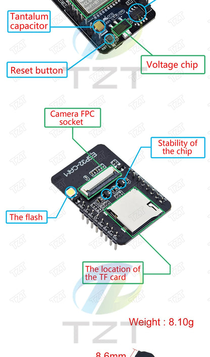 Placa Desarrollo DIYTZT ESP32 (ESP-32/ESP-32S/ESP32-CAM/ESP-WROOM-32) WiFi + Bluetooth Doble Núcleo Bajo Consumo