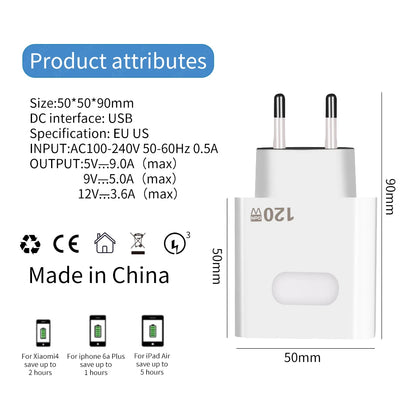 Cargador USB GaN 120W Carga Rápida con Cable USB Tipo C 10A para iPhone/Huawei/Samsung/Xiaomi
