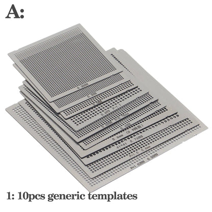 Set Plantillas Stencils BGA Universales (Calor Directo) para Reballing SMT/SMD (10/16/27 Piezas)