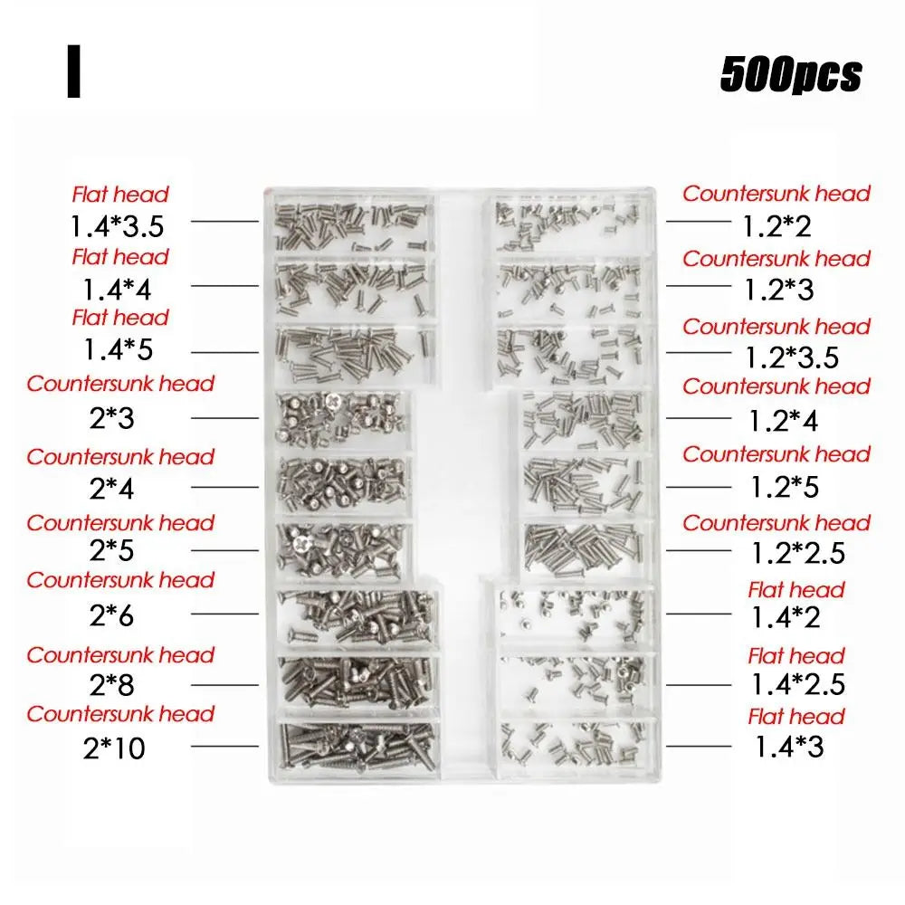 Set Mini Tornillos Acero Inoxidable 18 Tamaños para Reloj/Gafas/Electrónica Accesorio Reparación (500 Piezas)