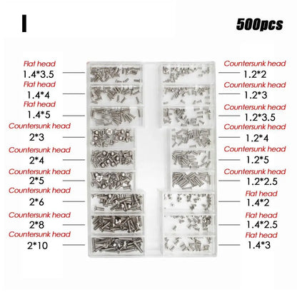 Set Mini Tornillos Acero Inoxidable 18 Tamaños para Reloj/Gafas/Electrónica Accesorio Reparación (500 Piezas)