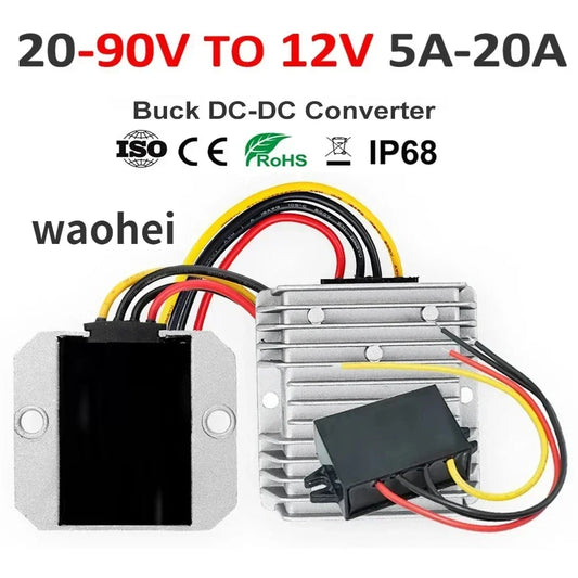 Convertidor DC-DC Step-Down 20V-90V a 12V (5A/10A/15A/20A) Regulador Voltaje Transformador para Auto (CE)
