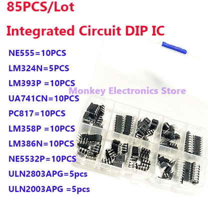 Kit Circuitos Integrados IC (DIP) NE555/LM324/LM358/ULN2803 (10 Tipos, Temporizador Precisión) DIY Electrónico (85 Piezas)
