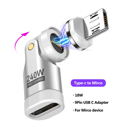 Adaptador Magnético AUFU USB-C Hembra a Tipo C Macho 9 Pines (240W Carga Rápida) Convertidor para iPhone 15/16/Laptop/Macbook/Samsung