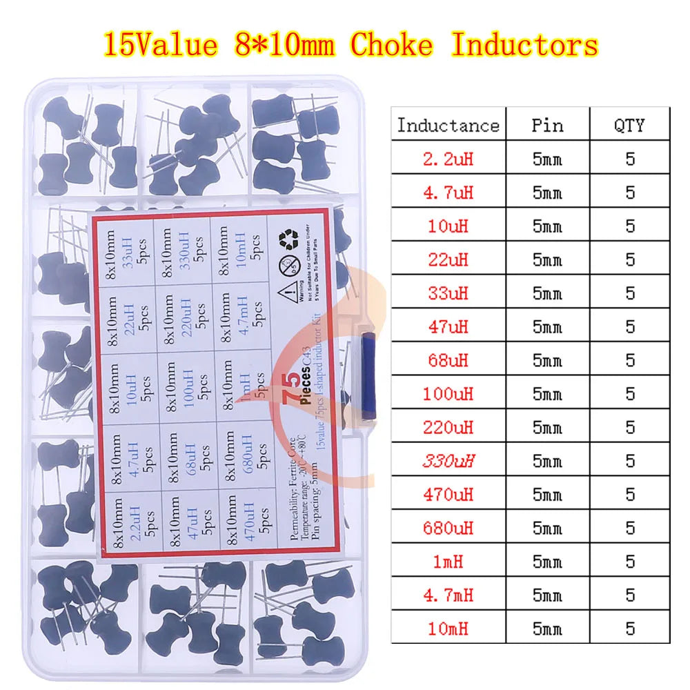 Kit Inductores Forma I (Tipo Choke) - Varios Tamaños y Valores (uH a mH) en Caja