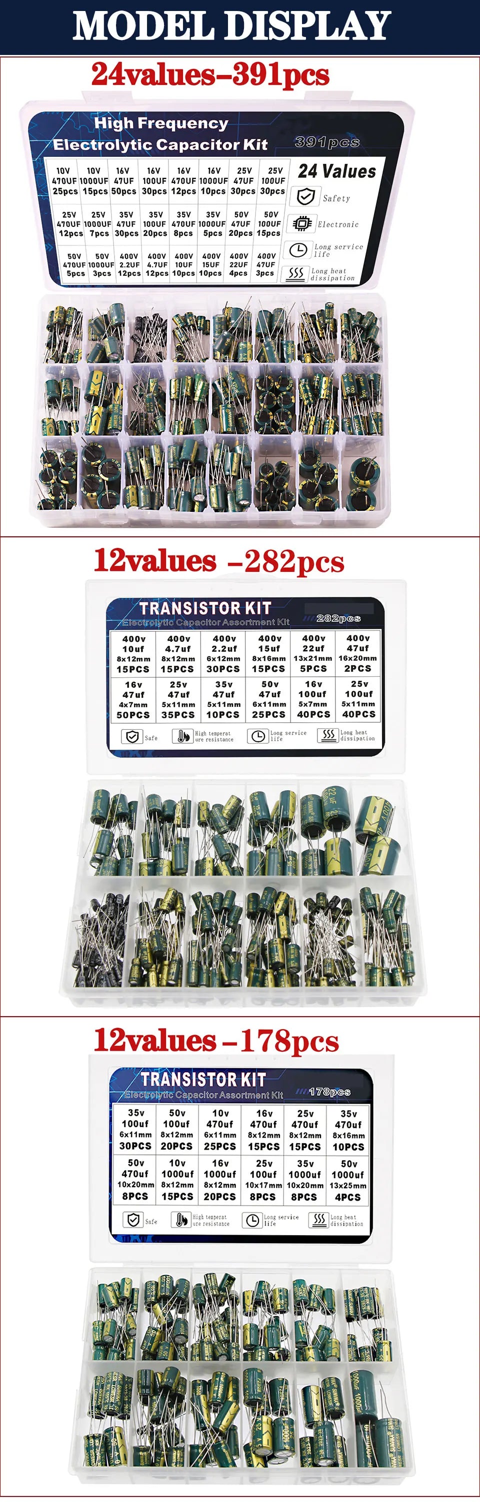 Kit Surtido Capacitores Electrolíticos Alta Frecuencia (10V-400V, 10uF-1000uF)