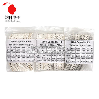 Kit Surtido Capacitores SMD (0603/0805/1206, 16/36/50 Valores, 1pF-10uF) Set Capacitancia (320/720 Piezas)