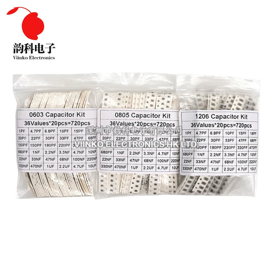 Kit Surtido Capacitores SMD (0603/0805/1206, 16/36/50 Valores, 1pF-10uF) Set Capacitancia (320/720 Piezas)
