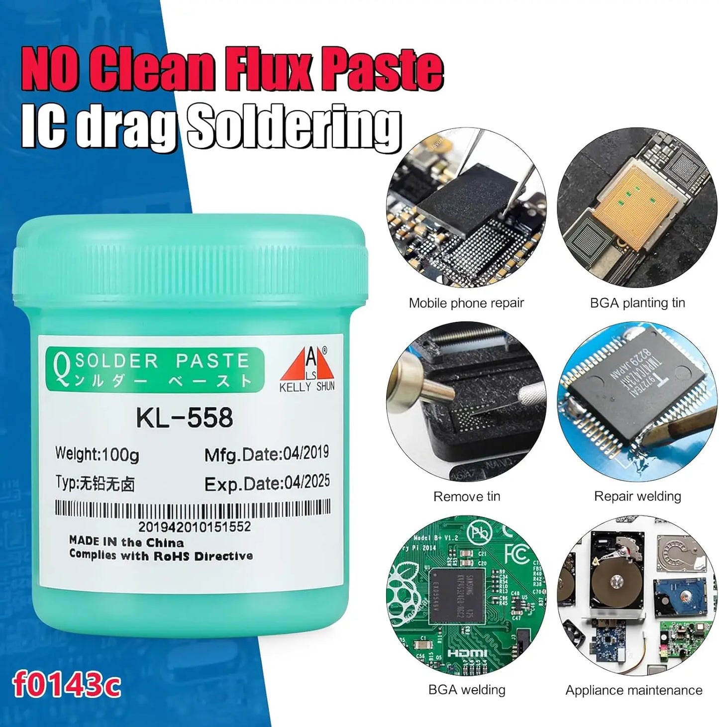 Flux Pasta de Soldar BGA Sin Plomo KELLYSHUN (No-Clean, Rosin) para Reparación Móvil SMD (100g)