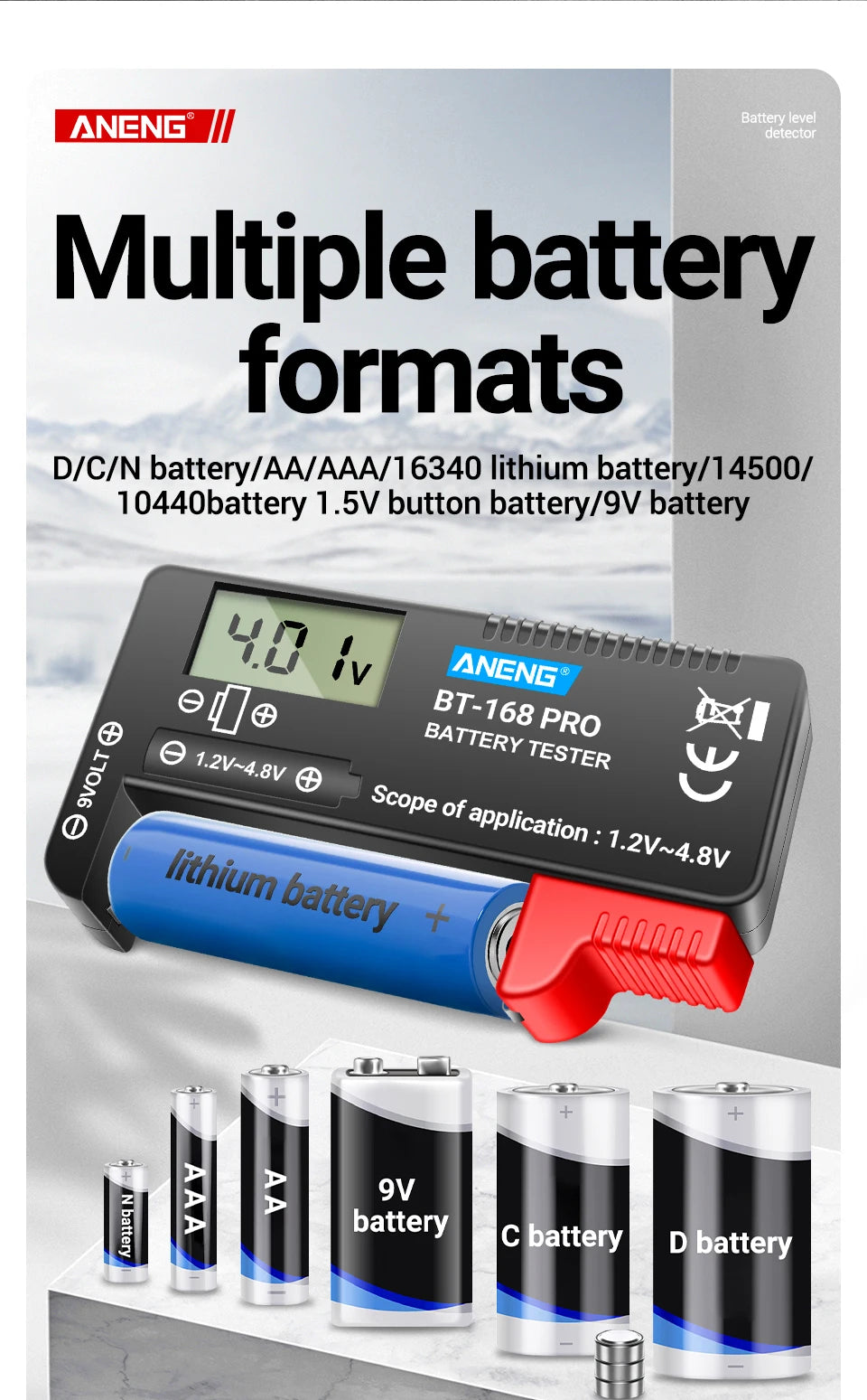 Probador Baterías Digital ANENG BT-168 PRO (Analizador Carga Capacidad) Universal para 9V/AAA/AA/Pila Botón