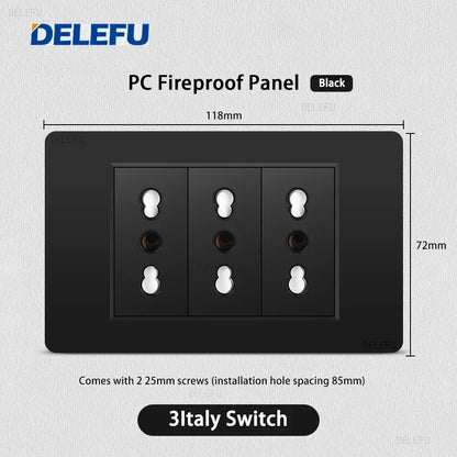 Enchufe Pared Delefu Italia/Chile PC Negro USB-C Carga Rápida + Schuko + Switch Smart Tuya WiFi + SAT/TV/TEL/Timbre
