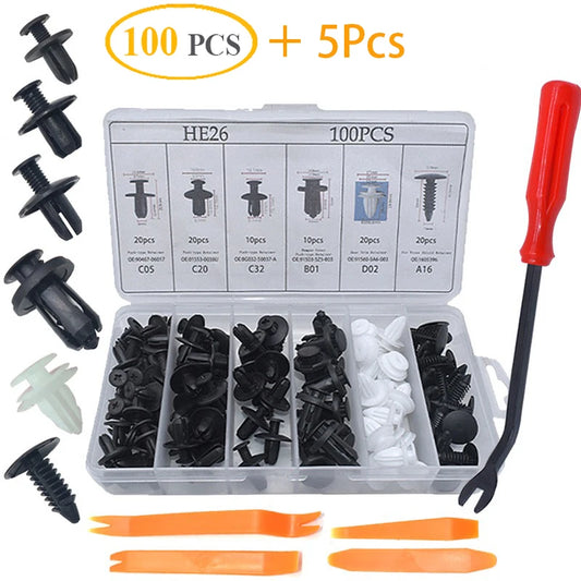 Clips Plásticos Surtidos Sujeción Auto (Remaches Retenedores Fijación Puerta) con Herramientas Desmontaje (100 Piezas)