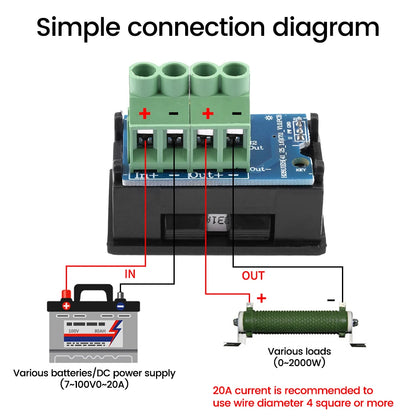 Voltímetro Amperímetro Digital DC (7-100V, 20A/50A Shunt Integrado) - Panel Display LED Dual 0.28"