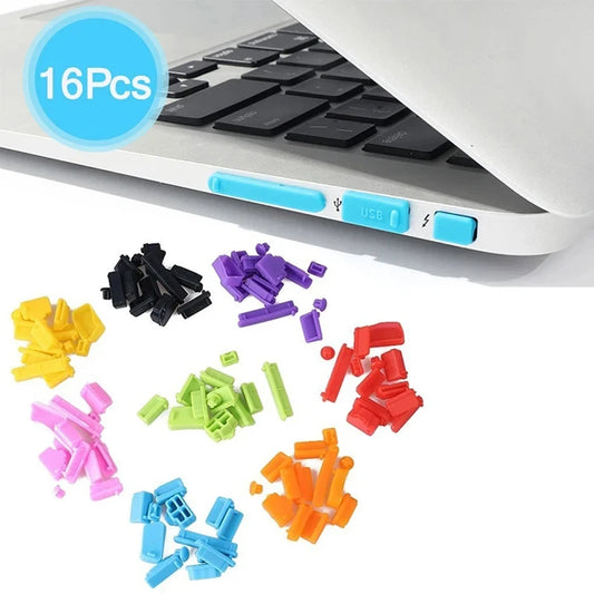 Tapón Antipolvo Silicona Colorido para Laptop (Protector Impermeable Interfaz Tipo C/USB/VGA/RJ45) (Set 16 Unidades)