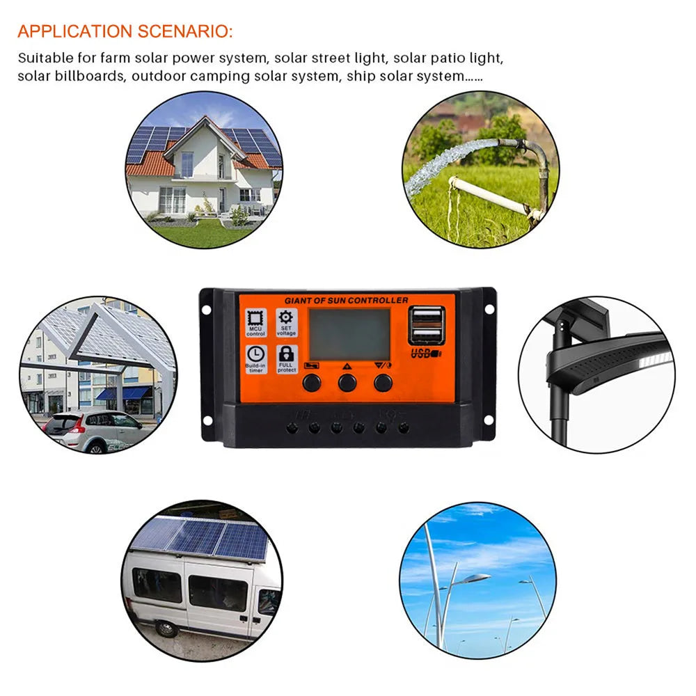 Controlador Carga Solar PWM 30A/60A/100A Auto Dual USB LCD Display 5V Regulador Batería Panel