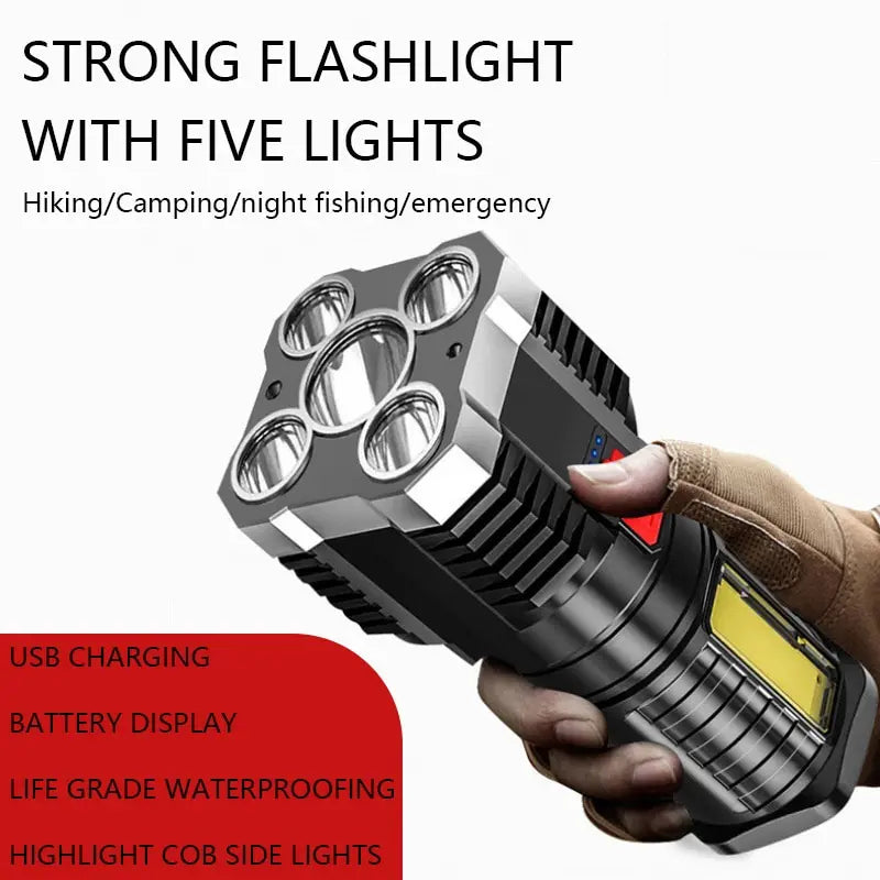 Linterna LED Alta Potencia (5 LEDs) Recargable Foco Camping con Luz Lateral (3 Modos) para Aventura Exterior