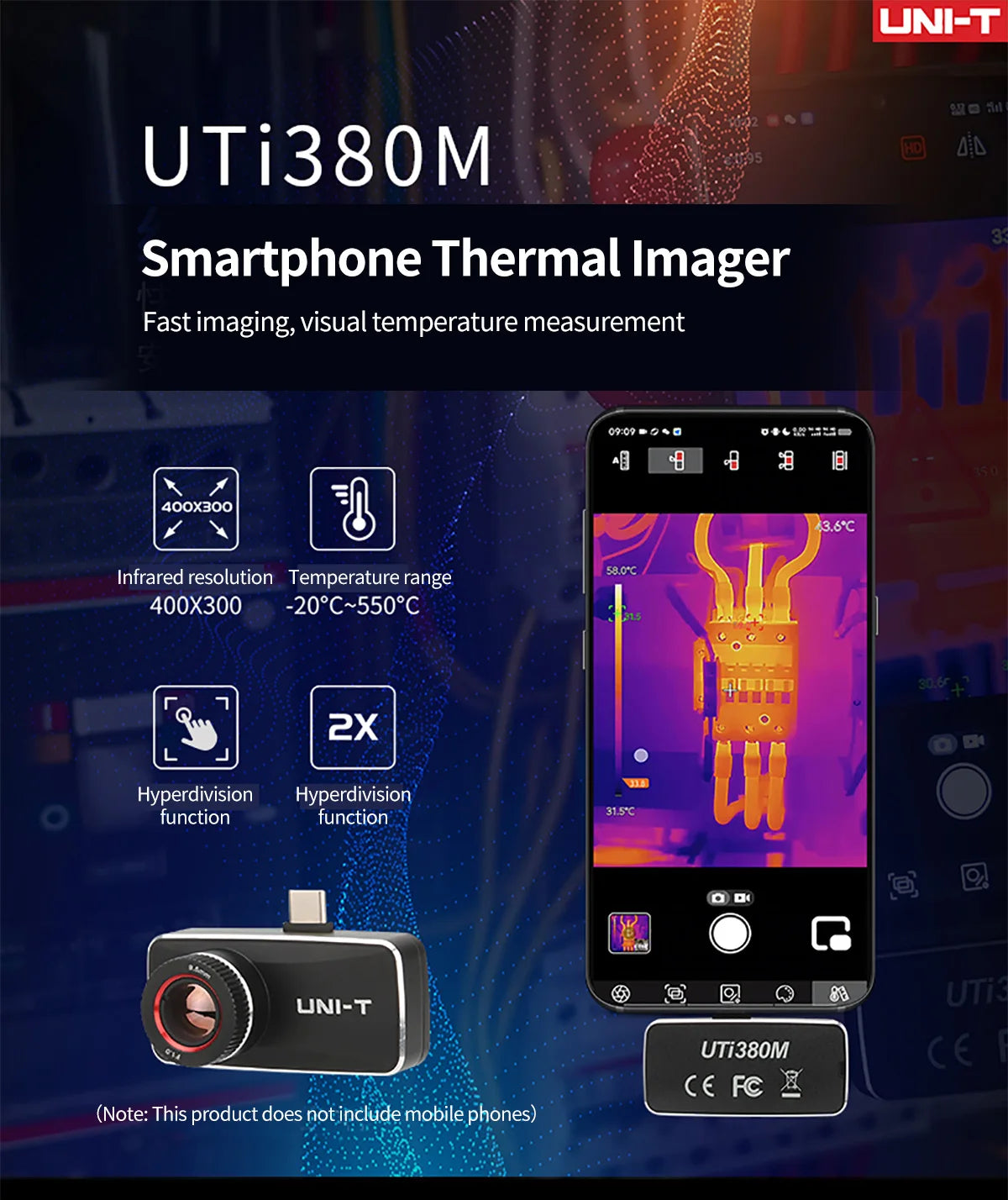 Cámara Térmica UNI-T UTi380M para Android - Termógrafo 400x300 Píxeles, Enfoque Manual, Test Fallo Circuito PCB